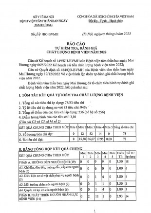 BÁO CÁO TỰ KIỂM TRA, ĐÁNH GIÁ CHẤT LƯỢNG BỆNH VIỆN NĂM 2022