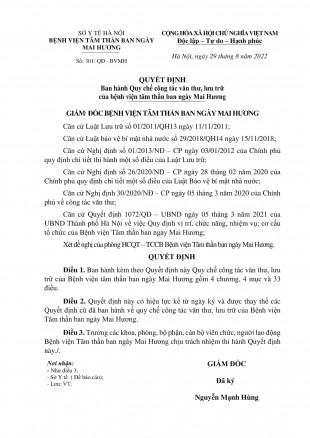 QUYẾT ĐỊNH: Ban hành Quy chế công tác văn thư, lưu trữ của bệnh viện tâm thần ban ngày Mai Hương